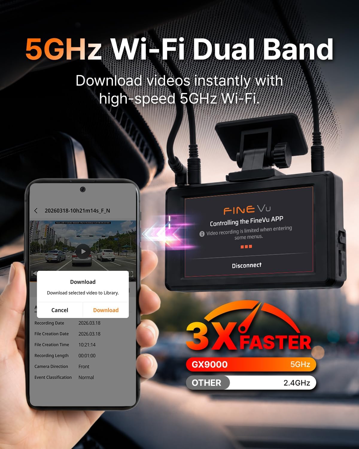 FineVu GX9000 2K QHD Dash Cam Delantera y Trasera, Tarjeta de 64GB gratis