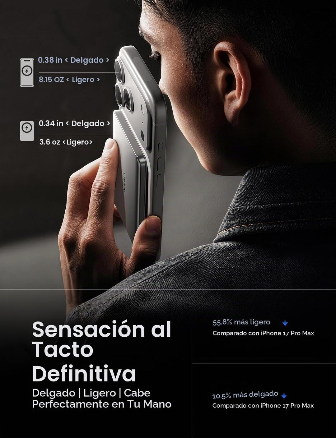 LISEN [Qi2 15W Max] ultra delgado de 0.3 pulgadas para batería MagS...