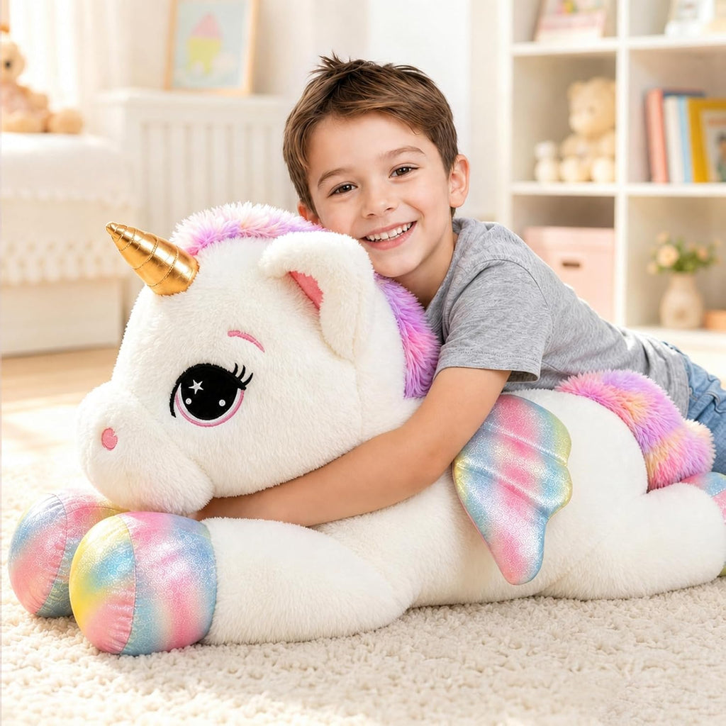 Almohada de peluche de unicornio de 32 pulgadas, suave juguete de peluche grande de unicornio con alas de arcoíris, bonita almohada para abrazar para niños, niñas y adultos, almohada de felpa