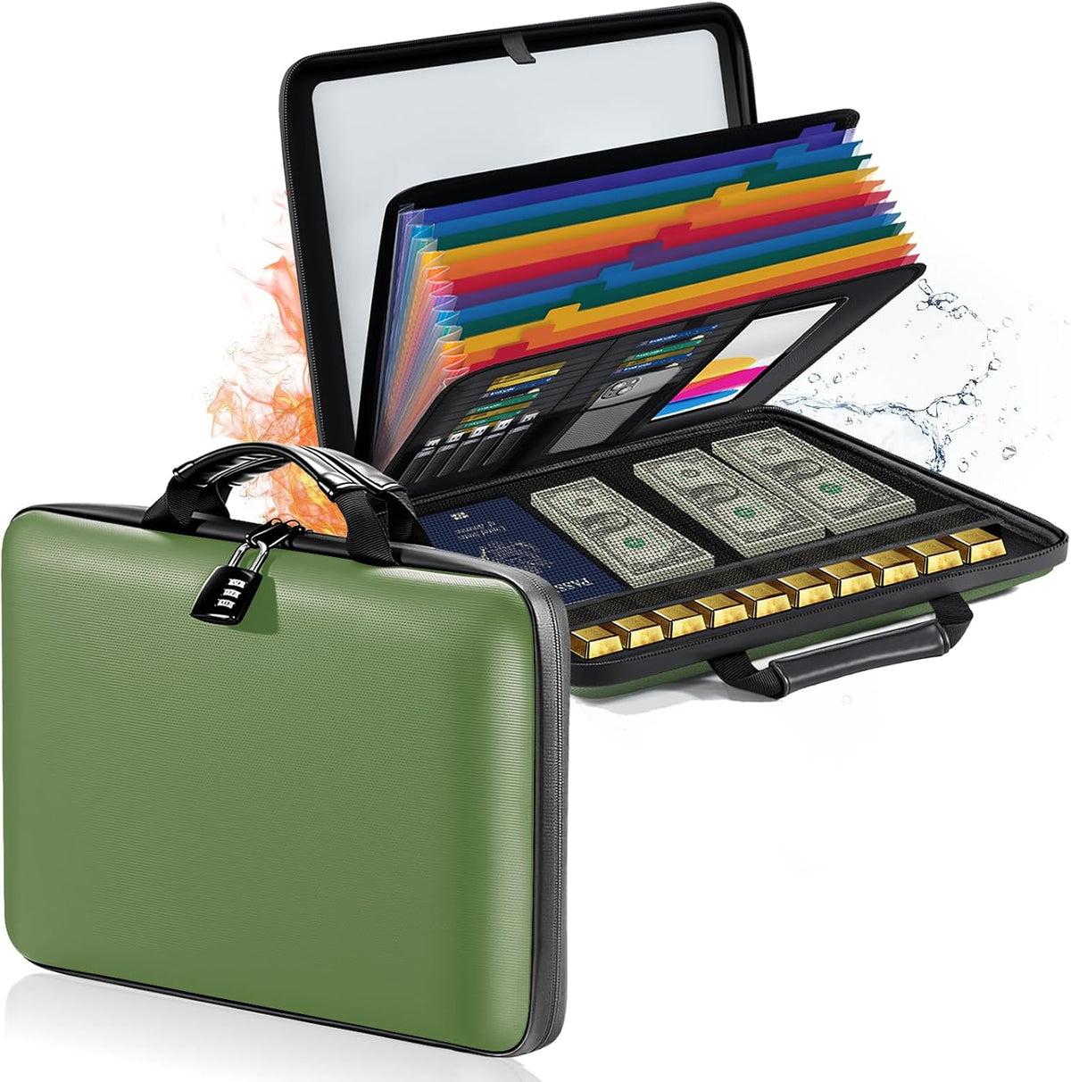 Caja de documentos ignífuga organizadora de archivos: funda rígida impermeable ignífuga con cerradura y carpeta de archivos de acordeón de 13 bolsillos, almacenamiento ligero y seguro para el hogar