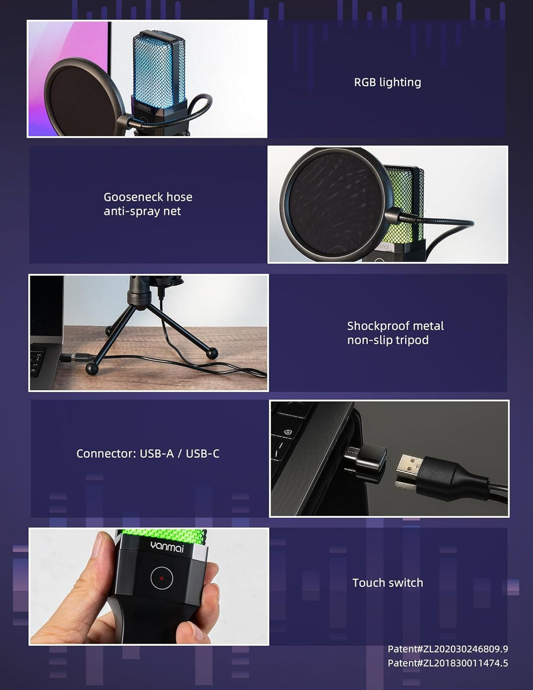 Yanmai Micrófono USB, condensador cardioide, iluminación RGB, trípo...