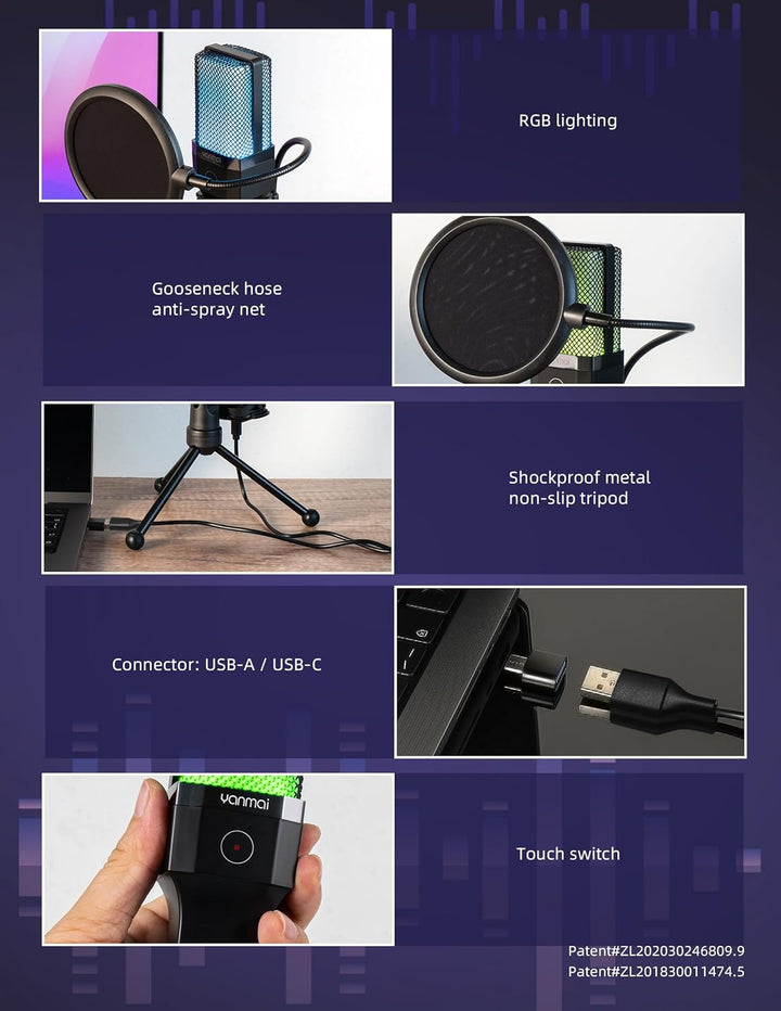 Yanmai Micrófono USB, condensador cardioide, iluminación RGB, trípo...