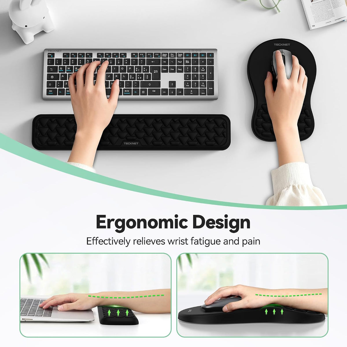 TECKNET Reposamuñecas para teclado y alfombrilla para mouse 2 en 1 con