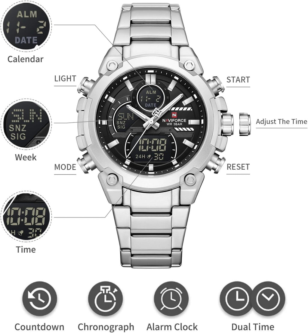 NAVIFORCE Relojes digitales multifunción, reloj analógico impermeable 3ATM para hombres, reloj de pulsera de lujo luminoso, regalo