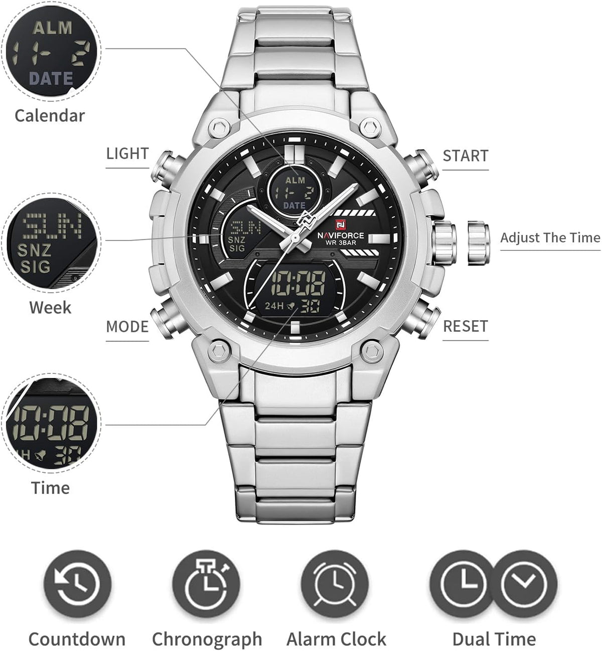NAVIFORCE Relojes digitales multifunción, reloj analógico impermeable 3ATM para hombres, reloj de pulsera de lujo luminoso, regalo