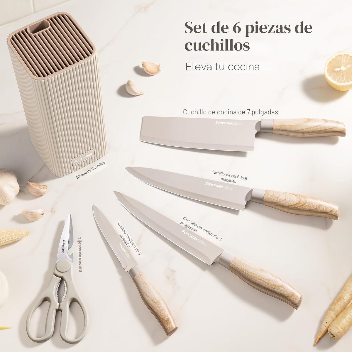 Astercook Juego de cuchillos de cocina de 6 piezas con bloque, cuchillos de cocina ultra afilados de acero inoxidable de alto carbono, mango de grano de madera, juego de bloque de cuchillos aptos para