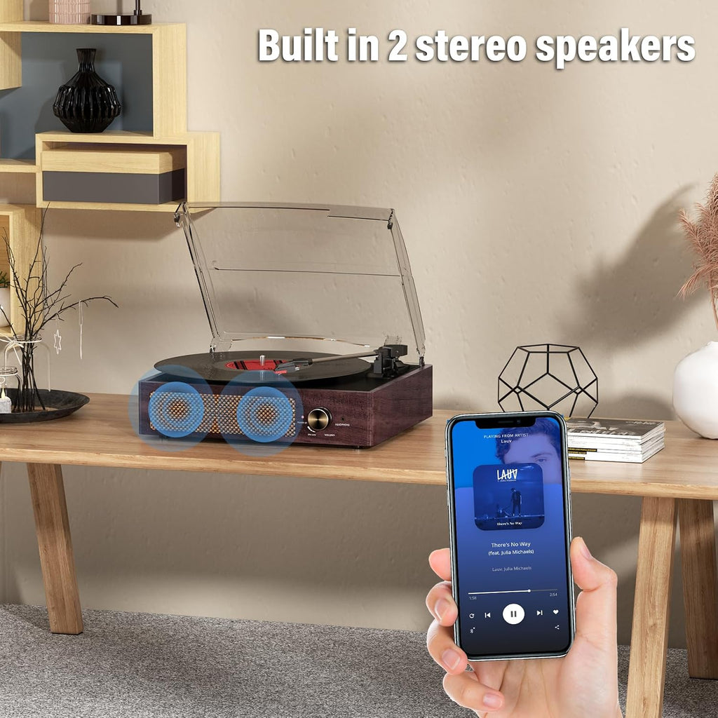 Tocadiscos de vinilo con receptor Bluetooth integrado y 2 altavoces estéreo, 3 velocidades, tamaño portátil retro para entretenimiento y decoración del hogar