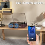 Tocadiscos de vinilo con receptor Bluetooth integrado y 2 altavoces estéreo, 3 velocidades, tamaño portátil retro para entretenimiento y decoración del hogar