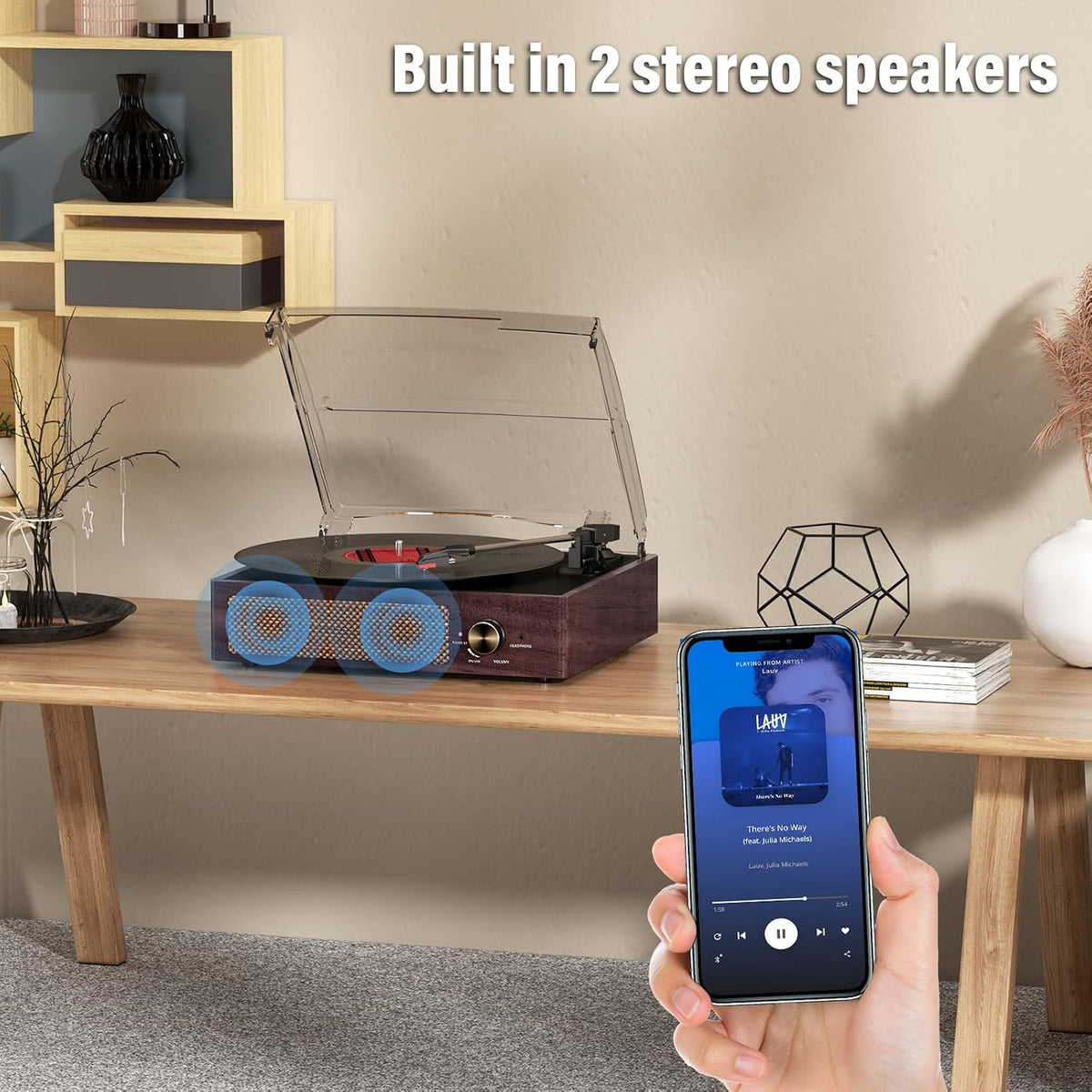 Tocadiscos de vinilo con receptor Bluetooth integrado y 2 altavoces estéreo, 3 velocidades, tamaño portátil retro para entretenimiento y decoración del hogar