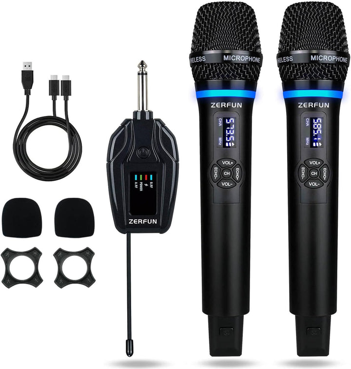 ZERFUN Micrófonos inalámbricos duales recargables, sistema de micró...