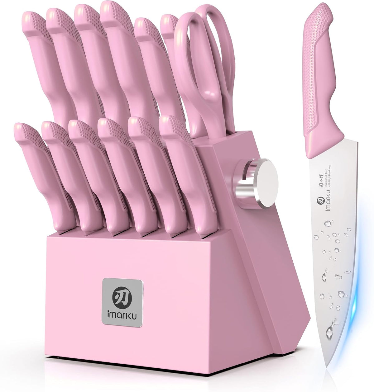 imarku Juego de 14 cuchillos con bloque, juego de cuchillos de cocina de acero inoxidable con afilador integrado, cuchillos Deba con asas ergonómicas antideslizantes, aptos para lavavajillas, regalo