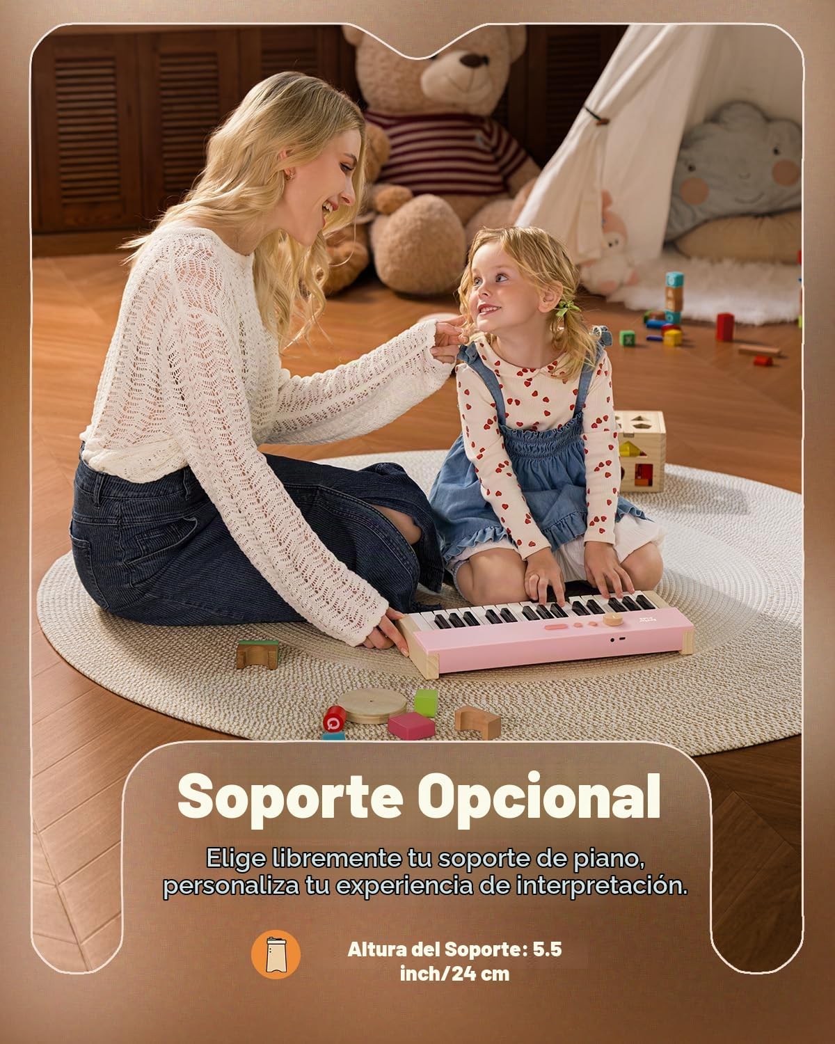 Teclado de piano para niños, piano digital de 32 teclas para niños, instrumento educativo musical para principiantes, mini teclado de madera para niños, rosa claro