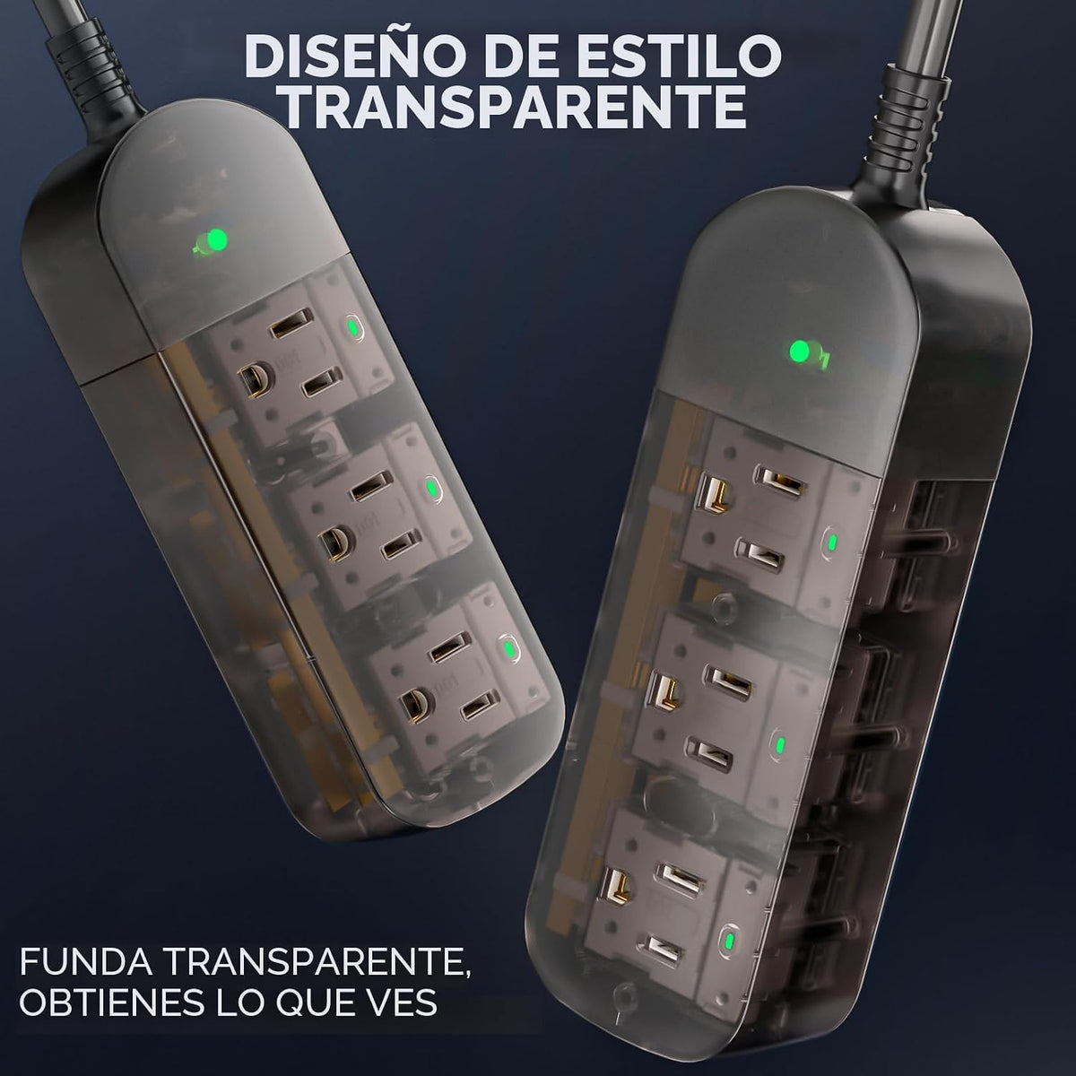 Regleta de alimentación para exteriores resistente al clima, protector de sobretensiones transparente IPX6 con 3 tomas anchas, 1625W/13A, cable de extensión de 10 pies, montable en pared para interior