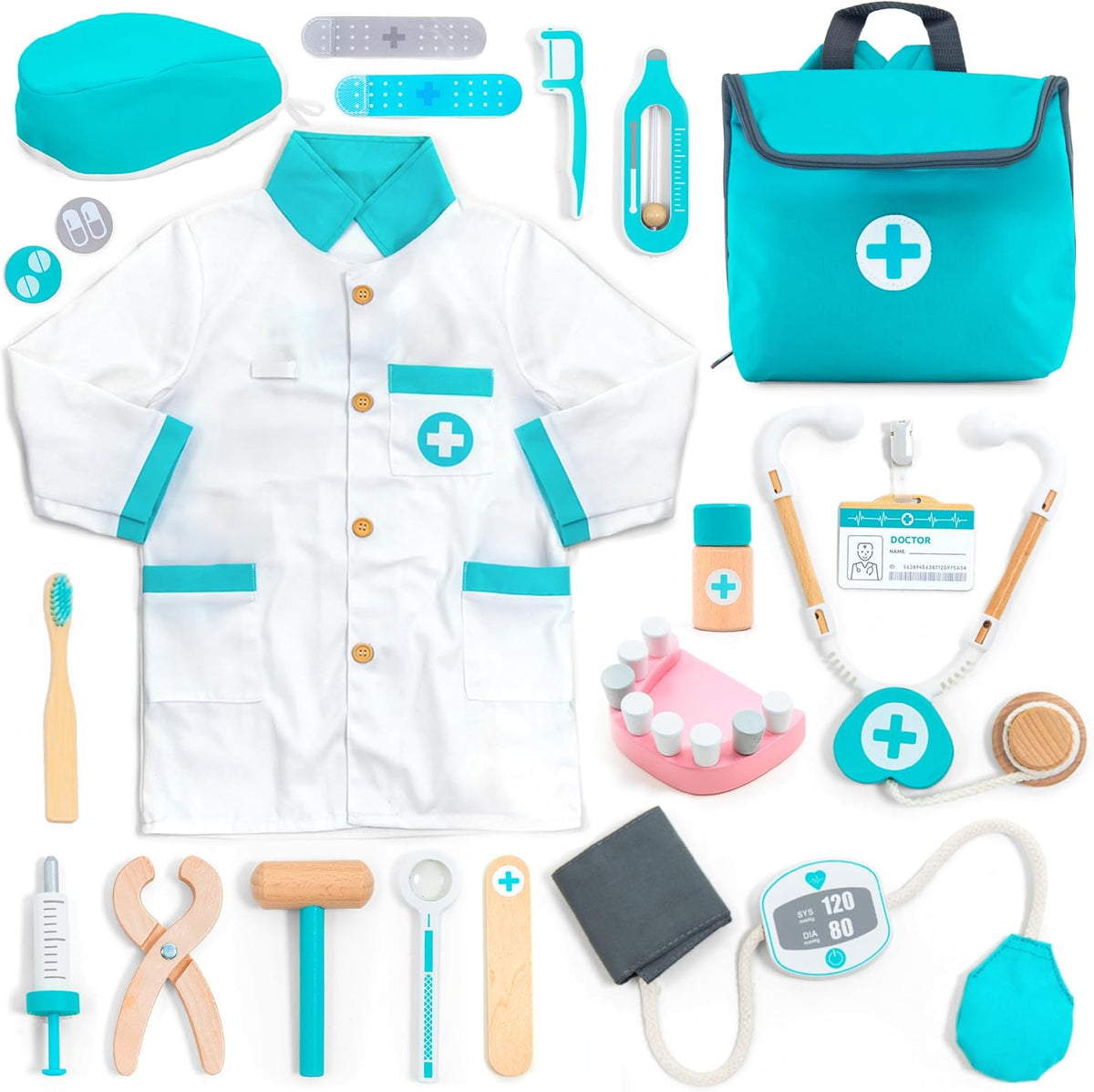 UMU® Kit médico de madera para niños – Juego de doctor y dentista para niños pequeños con abrigo de doctor, estetoscopio, modelo de dientes y más – Juego de disfraces y simulación – Juguete médico para niños y niñas de 3, 4, 5, 6