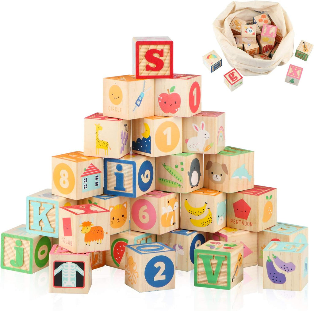 ABC Bloques de construcción de madera para niños pequeños de 1 a 3 años, 26 bloques apilables del alfabeto y números, juguetes educativos de aprendizaje para niños y niñas, regalos de 1.65