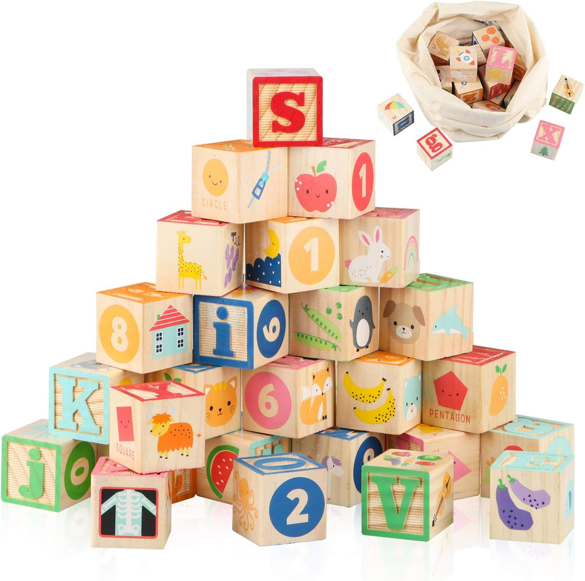 ABC Bloques de construcción de madera para niños pequeños de 1 a 3 años, 26 bloques apilables del alfabeto y números, juguetes educativos de aprendizaje para niños y niñas, regalos de 1.65