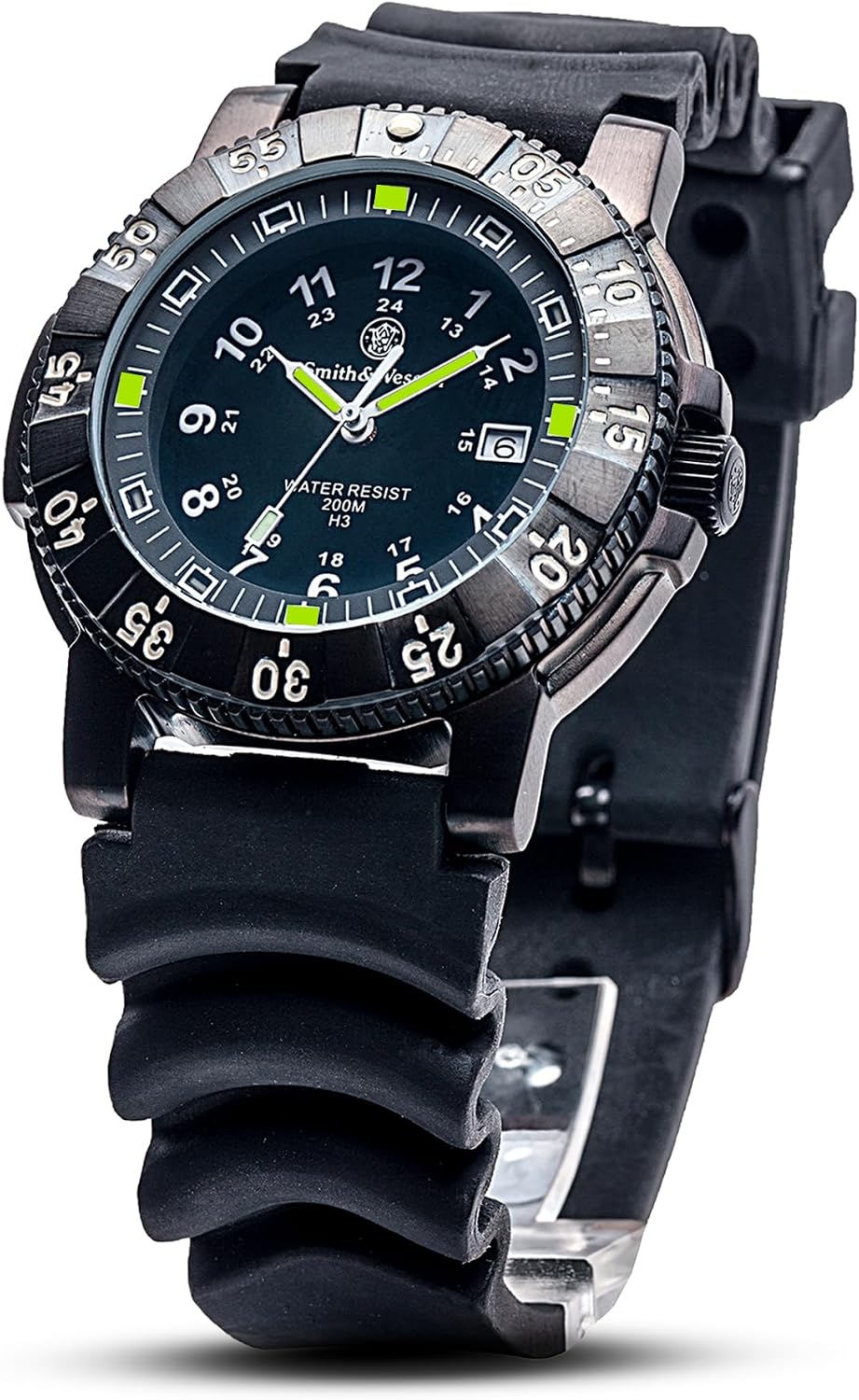 Smith & Wesson 357 Series Reloj táctico militar suizo de tritio H3, impermeable 20ATM para hombre, reloj de buceador de 45mm de campo con pantalla analógica, correa de goma, piezas suizas, movimiento