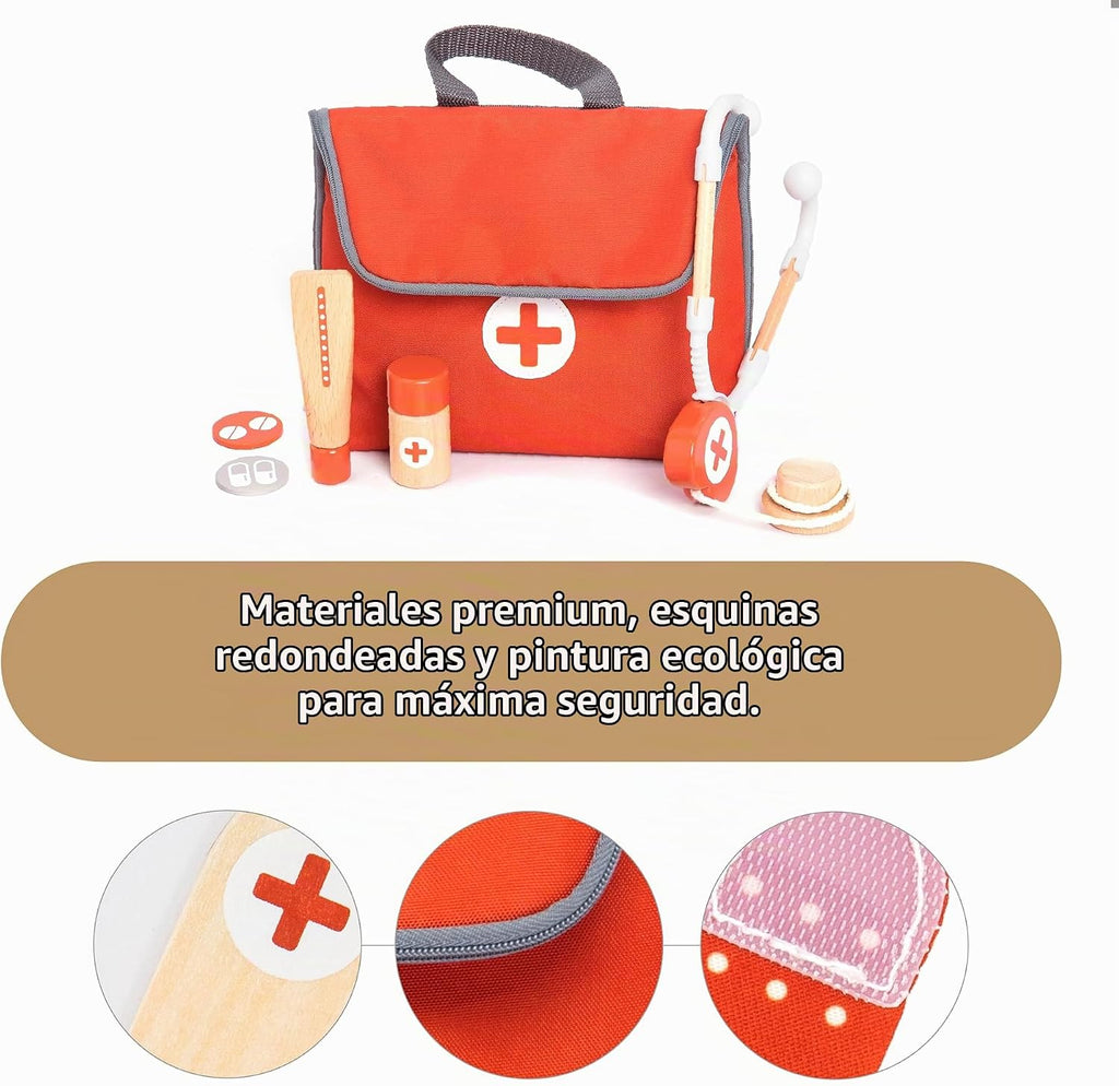 UMU® Mini kit médico de madera para niños – 14 piezas de juego médico para niños pequeños con estetoscopio, jeringa, bolsa de médico, manguito de presión arterial y más – juego de simulación para niños y niñas de 3, 4, 5, 6 años