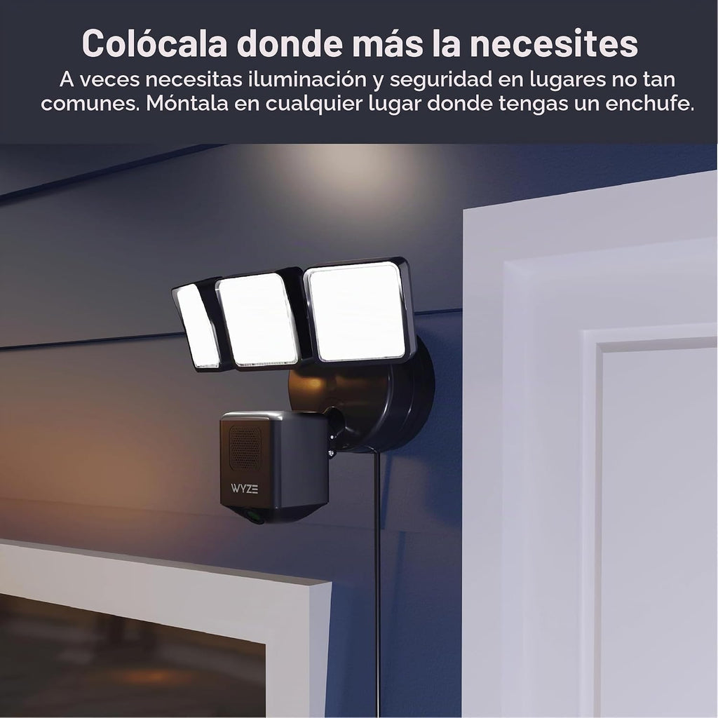 WYZE Floodlight Camera v2 con montaje enchufable, cámara de seguridad 2K HD para exteriores, visión nocturna a color, activada por movimiento, caja eléctrica con cable de alimentación resistente a la