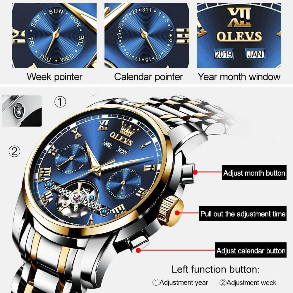 OLEVS Reloj automático para hombres, de cuerda automática, acero inoxidable, reloj para hombres