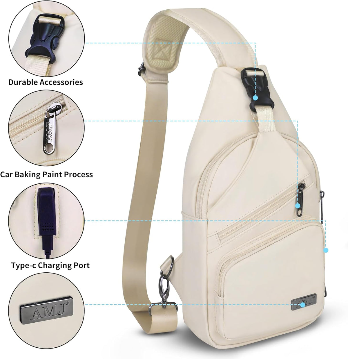 Bolso bandolera para mujer, bolsa cruzada grande con puerto de carga USB y tiradores de cremallera con logotipo, mochila ligera resistente al agua de nailon para viajes, senderismo (L, beige de