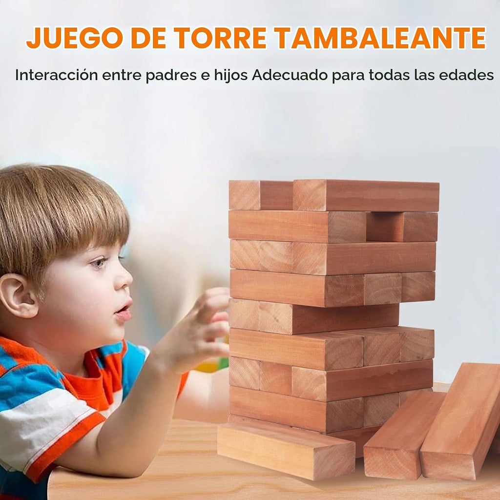 Nattork Torre gigante (pila de 1.77 pies a 4 + pies), juego de bloques gigantes apilables de madera | Hecho de madera de pino de alta calidad | Ideal para la familia, 54 unidades, marrón