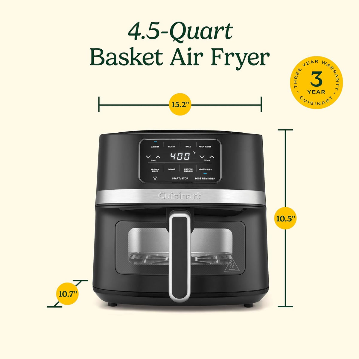 Cuisinart Freidora de aire, freidora de cesta de 4.5 cuartos con 4