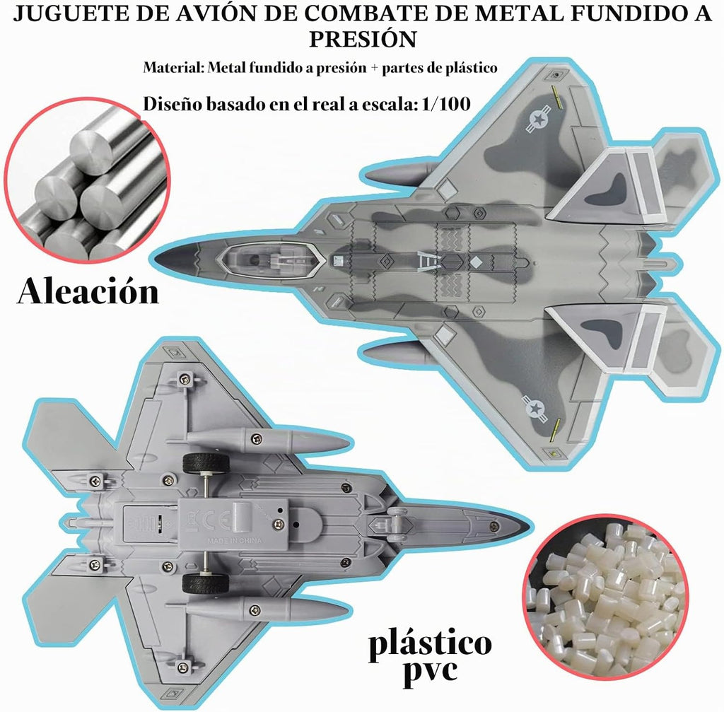 Avión de combate F-22 Raptor Fighter Bomber Diecast Avión militar 1/100 Modelo de avión con luces y sonidos para niños