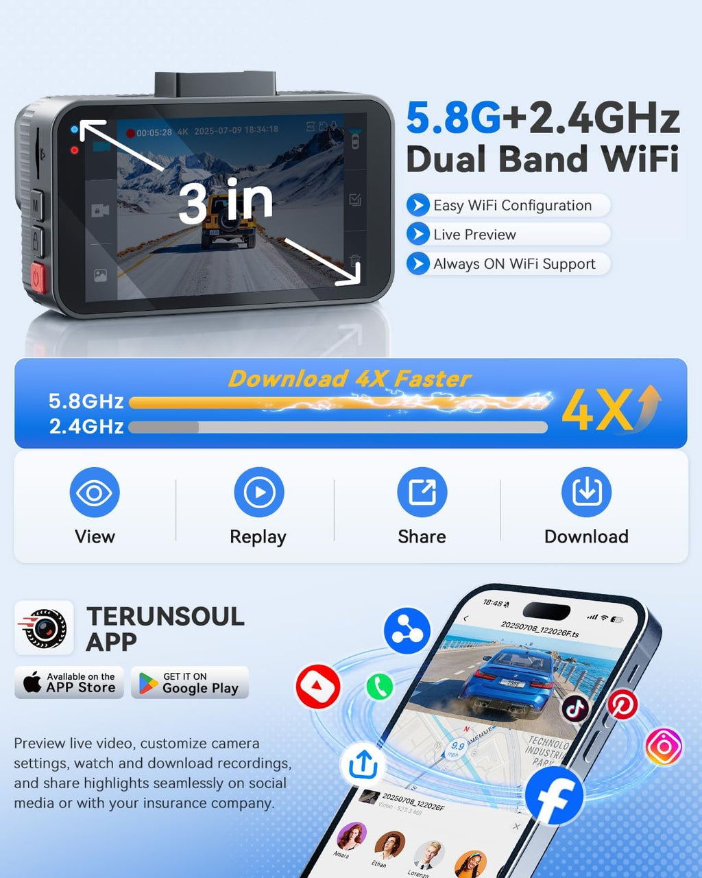 Cámara de tablero 4K+4K, tarjeta gratuita de 128 GB, WiFi6 de 5.8