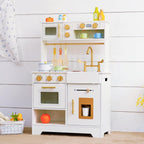Cocina de madera blanca para niños con máquina de hielo, fregadero