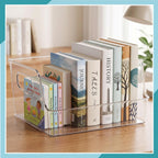 4 piezas de almacenamiento grande transparente para libros de 10 x 8.5 x 5.3 pulgadas, organizador de libros, apilable, contenedores de almacenamiento con asa, estantería de oficina, estante