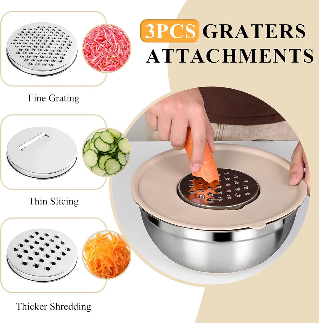 Juego de tazones para mezclar con tapas herméticas, juego de 20 utensilios de cocina, 6 cuencos de acero inoxidable, 3 accesorios para rallar, parte inferior de silicona antideslizante, ideal para