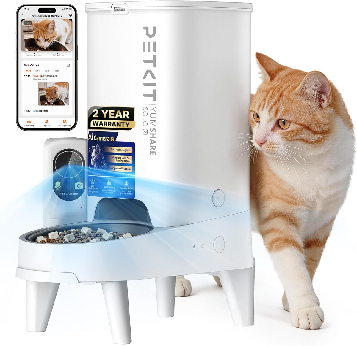 PETKIT - Alimentador automático para gatos con cámara, video HD 1080P con visión nocturna, WiFi 2.4G para gatos y perros pequeños, dispensador de comida con audio de 2 vías y llamada para comida, con