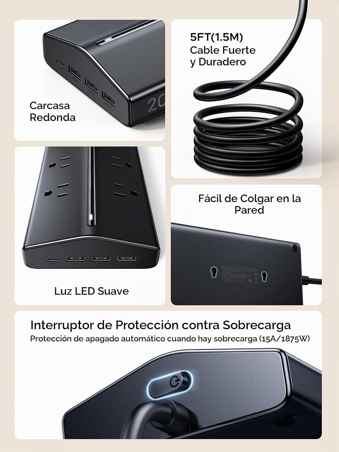 UGREEN Protector contra sobretensiones 20W 20 en 1 GaN, regleta de 5 pies