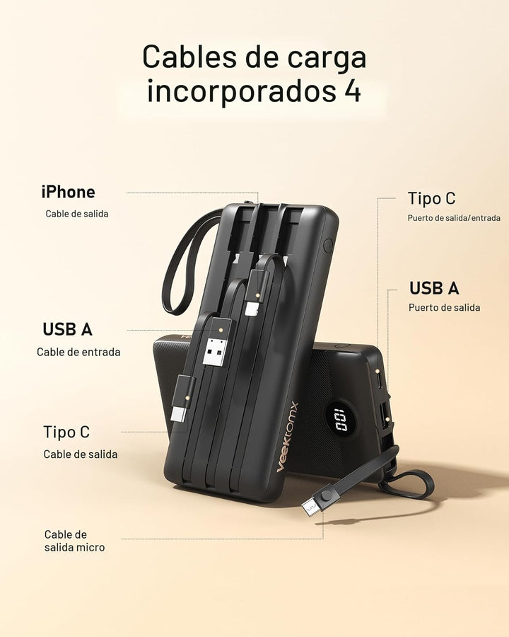 VEEKTOMX Cargador portátil con cables integrados, cargador de bater...