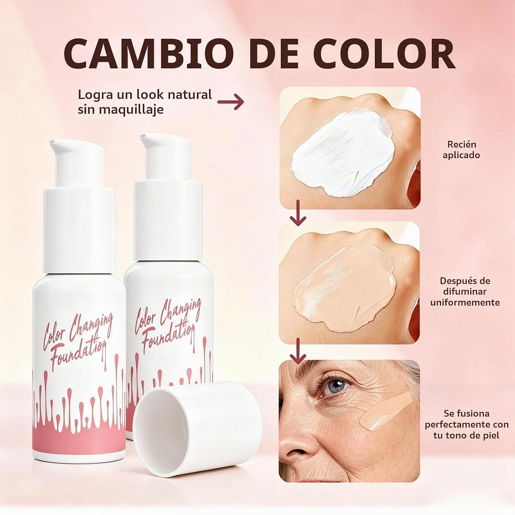Base de maquillaje que cambia de color para piel madura, acabado natural autoajustable, cobertura ligera a media construible, difumina imperfecciones y líneas finas con hidratación hipoalergénica para