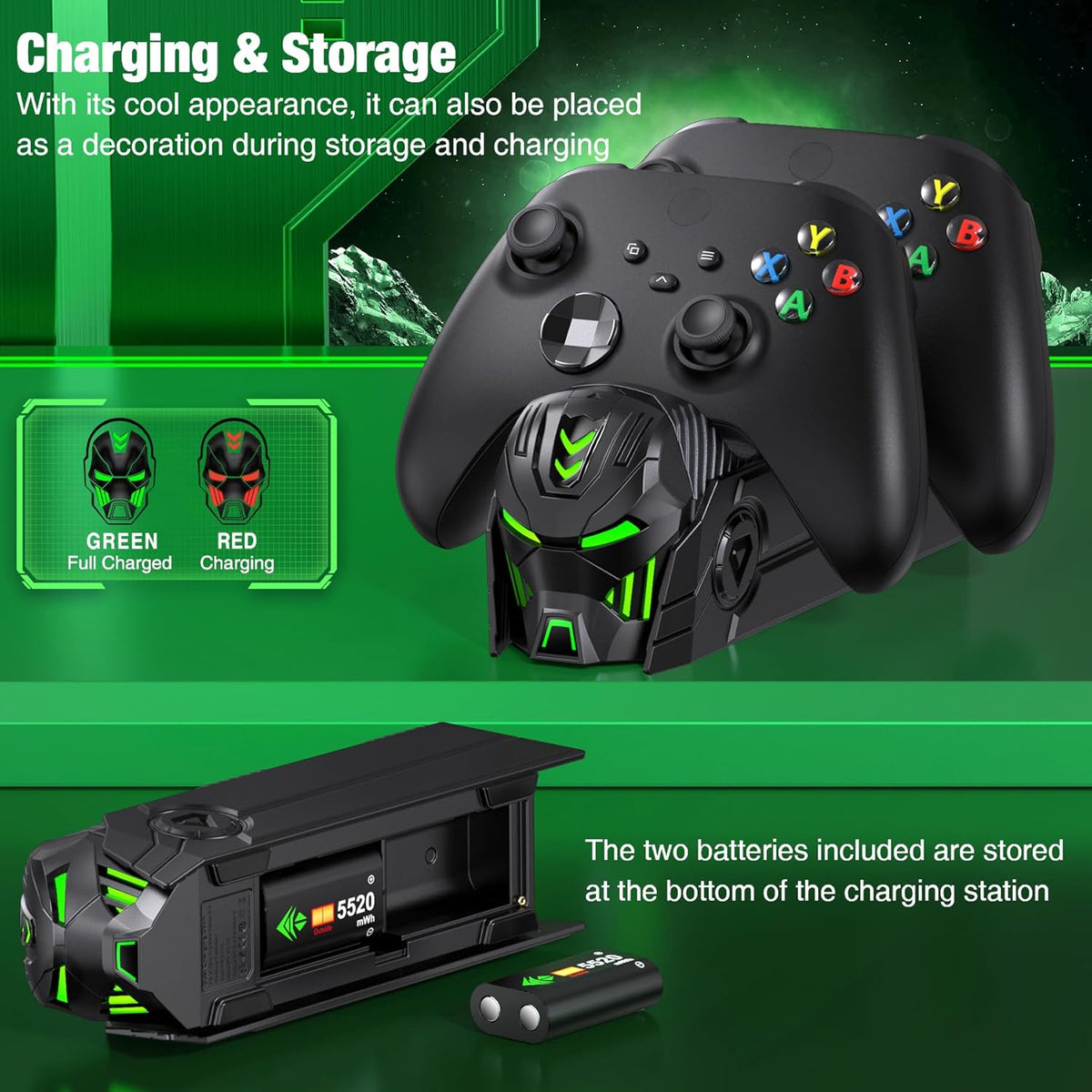 Estación de carga con batería recargable de 2 x 5520 mWh para mandos Xbox One/Series X|S con base de carga dual y 4 cubiertas (Cotrollers no incluidos)