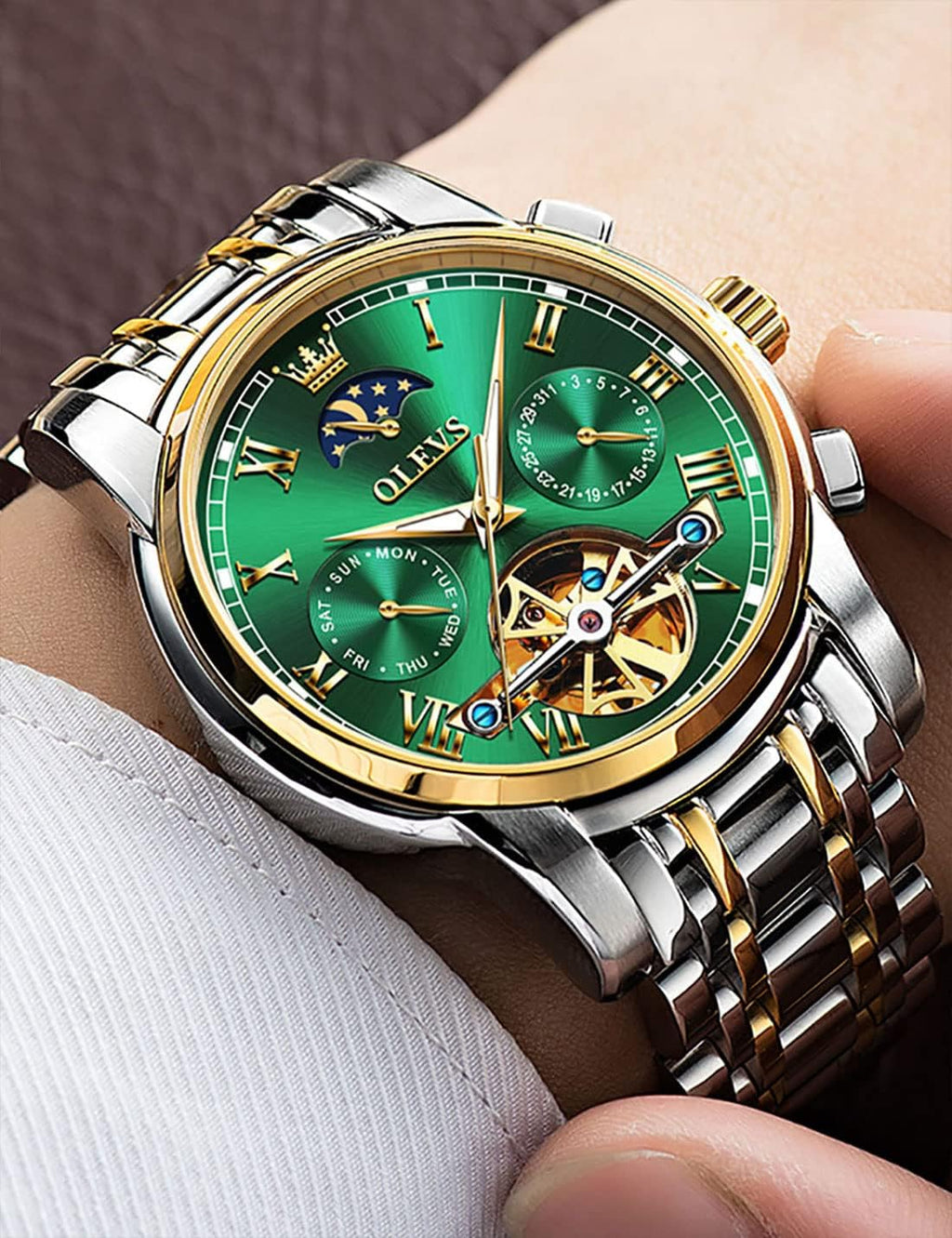OLEVS Relojes automáticos de cuerda automática para hombre, calendario de fecha, día de día, reloj de acero inoxidable, movimiento de esqueleto, Tourbillon, sin batería, relojes impermeables para hombre, Un reloj verde, redondo, Reloj de esqueleto