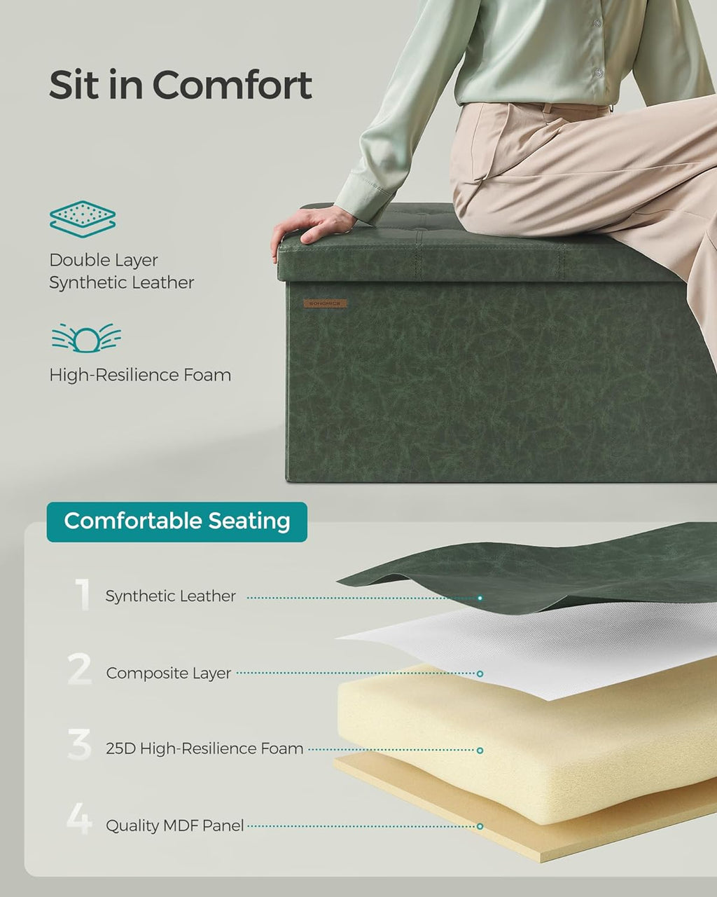 SONGMICS Colección Mazie - Banco otomano plegable de almacenamiento de 43 pulgadas, otomano con almacenamiento, taburete reposapiés, carga 660 lb, para sala de estar, piel sintética, verde bosque
