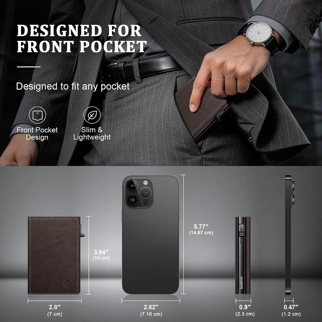 Cartera minimalista para hombres, cartera de cuero de grano completo con bloqueo RFID con 2 ventanas de identificación, billetera plegable triple para tarjetas de crédito, cartera de 9 a 11