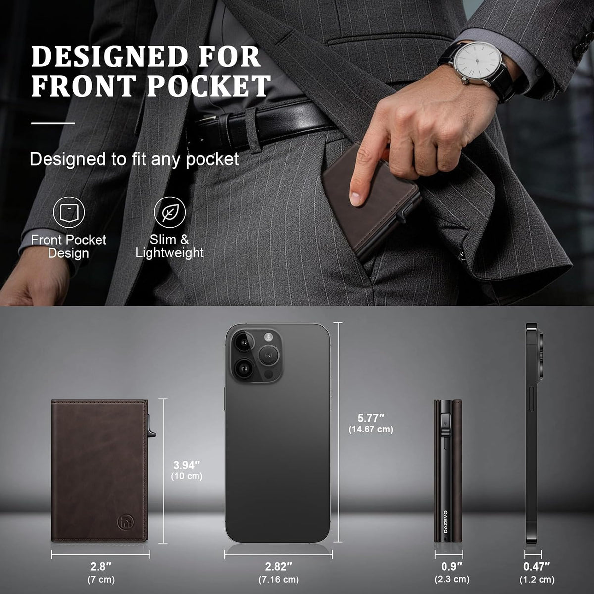 Cartera minimalista para hombres, cartera de cuero de grano completo con bloqueo RFID con 2 ventanas de identificación, billetera plegable triple para tarjetas de crédito, cartera de 9 a 11