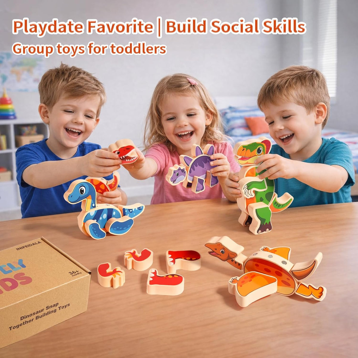 Magnetic Wooden Dinosaur Building Blocks, Ages 3-6
