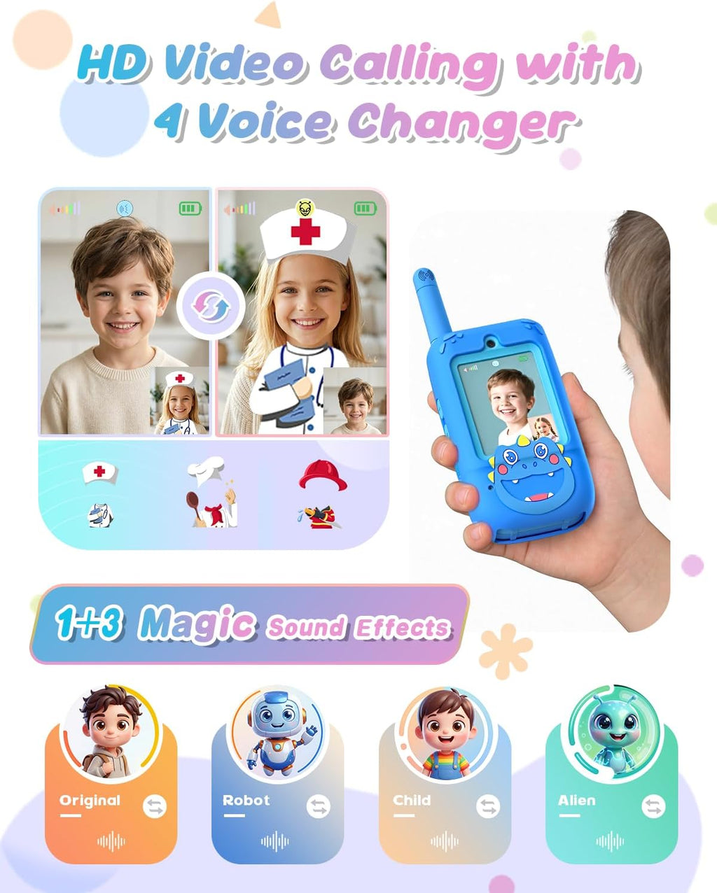 Walkie Talkies de video para niños, paquete de 2 recargables con cámara HD