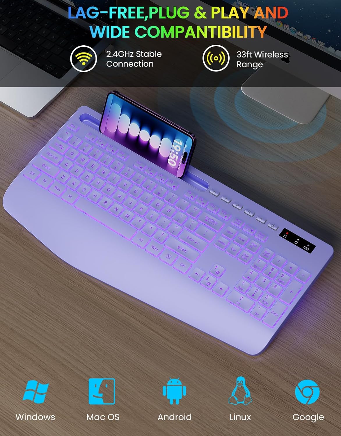 Teclado inalámbrico con retroiluminación de 7 colores, reposamuñeca...