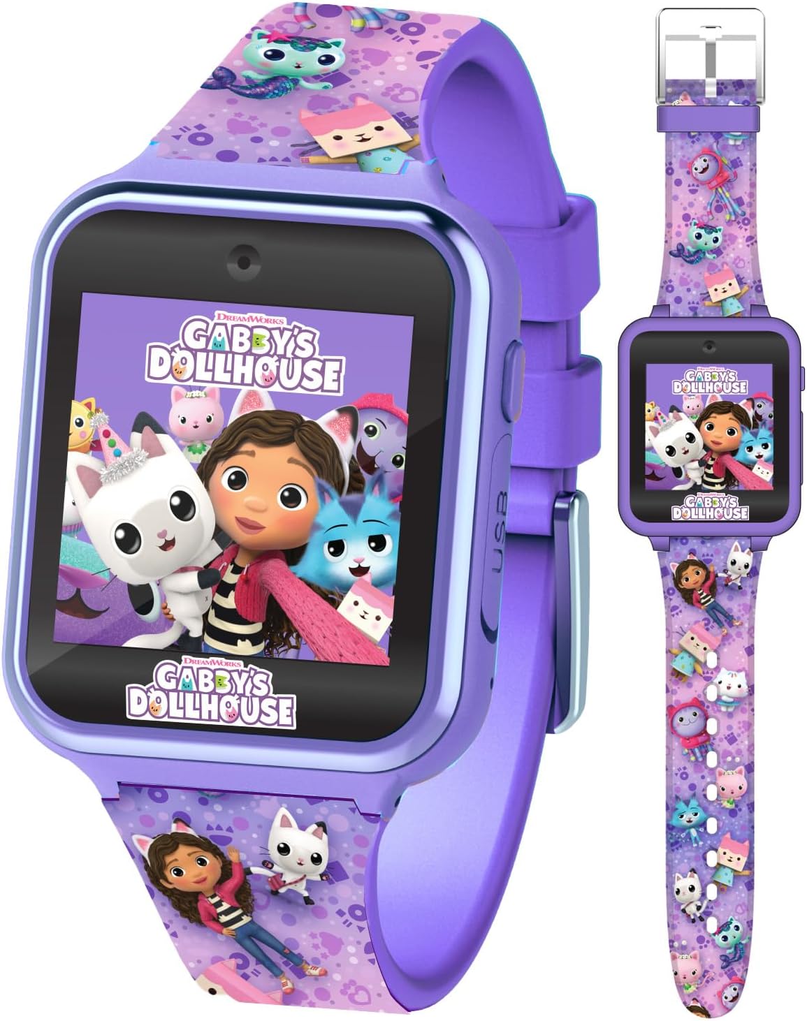 Accutime Niños Gabby's Doll House Morado Reloj inteligente educativo con pantalla táctil para niñas, niños, bebés - Cámara de selfie, juegos educativos, alarma, calculadora, podómetro y más (Modelo