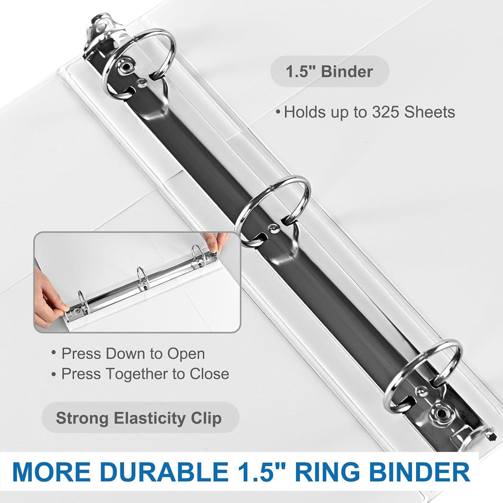 Carpeta de 3 anillos de 1.5 pulgadas con bolsillos, carpetas transparentes de 1-1/2 pulgadas, sin PVC, carpeta blanca con capacidad para hasta 325 hojas tamaño carta estadounidense, perfecta para la escuela, la oficina y el hogar (paquete de 6)