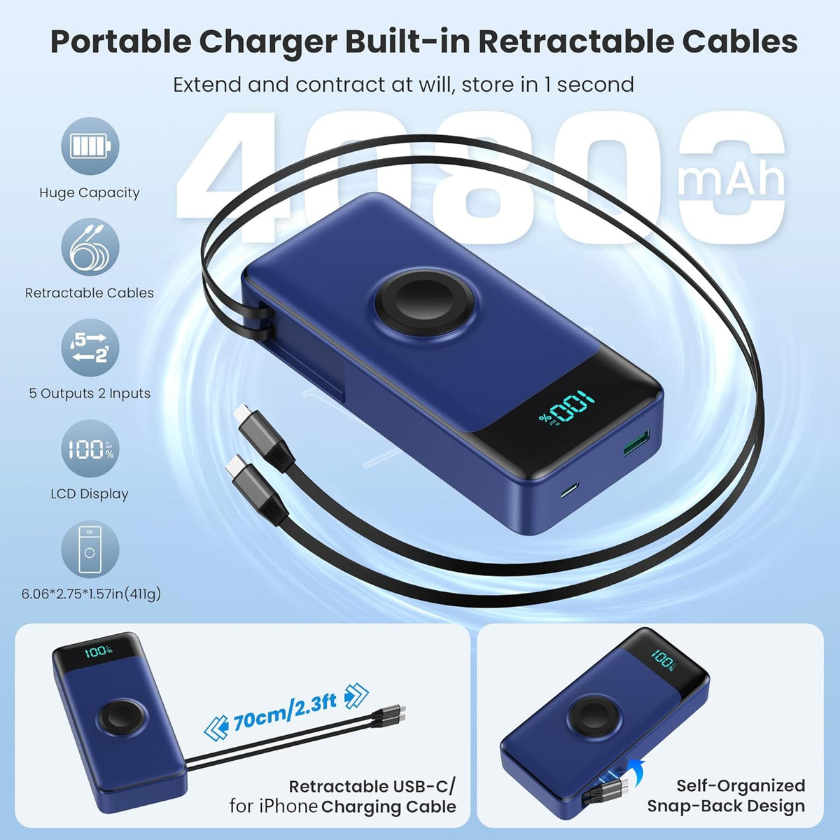 Cargador portátil 5 en 1 para iPhone, batería externa de 40800 mAh,...