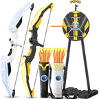 TIGTECGAME - Paquete de 2 arcos y flechas para niños con objetivo desplegable de pie, juego de tiro con arco con luz LED, 20 flechas de ventosa y 2 carcajes, juguetes para interiores y exteriores y