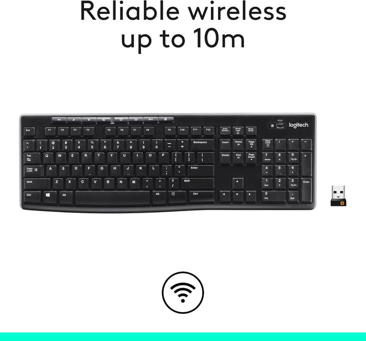 Teclado inalámbrico K270, receptor unificador USB, color negro, Negro