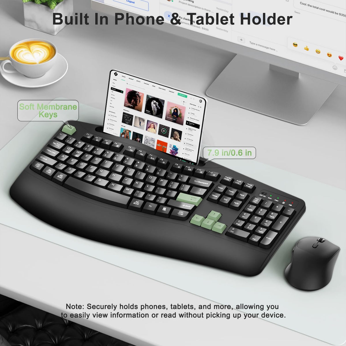 Combo de teclado y mouse inalámbricos, teclas onduladas de tamaño c...